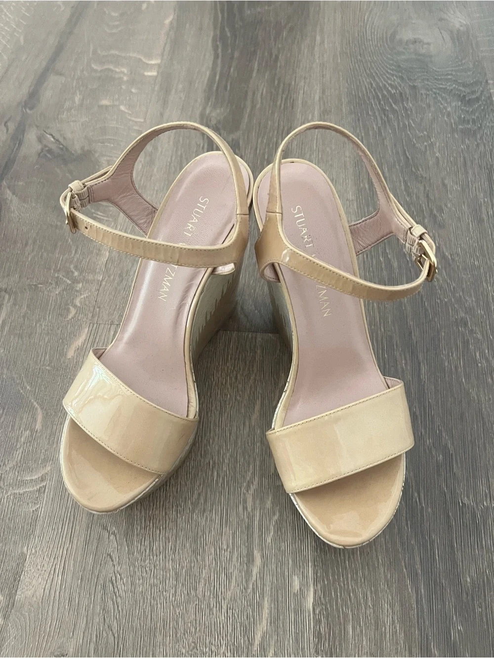 Stuart Weitzman Patent Tan Platform Wedge Sandals - Picture 3 of 13